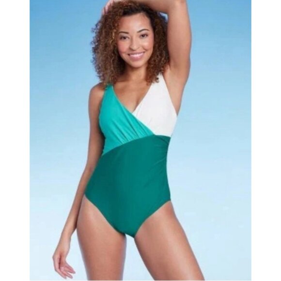 Shade & Shore Other - WOMEN’S FRONT WRAP COLORBLOCK ONE PIECE SWIMSUIT SHADE & SHORE TEAL GREEN S